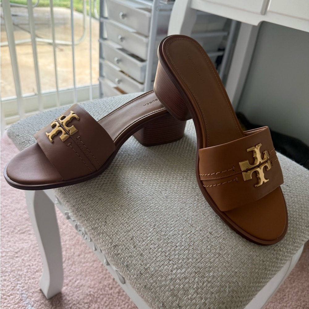 Tory Burch Brown Heeled Slides with Gold Logo NEW